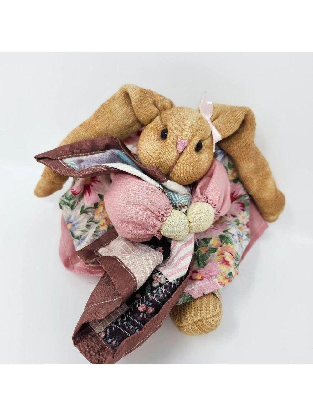 Handmade Vintage Bunny Rabbit In Pink Floral Dress with Her Quilted Blankie 9 In